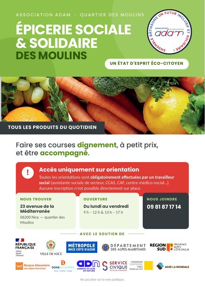 Flyer (recto) : Épicerie sociale et solidaire des Moulins
