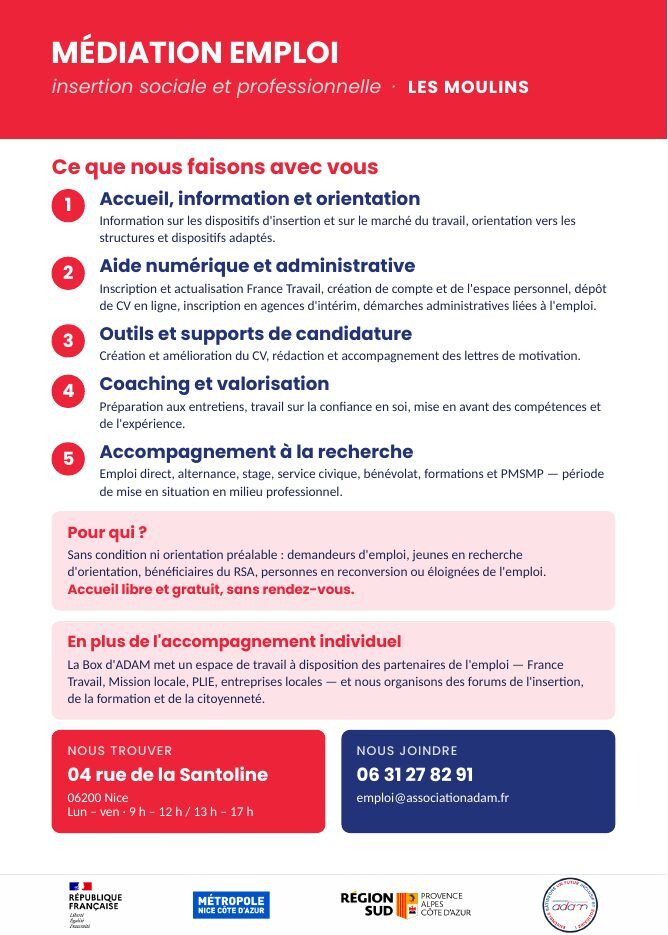 Flyer (verso) : Médiation emploi aux Moulins